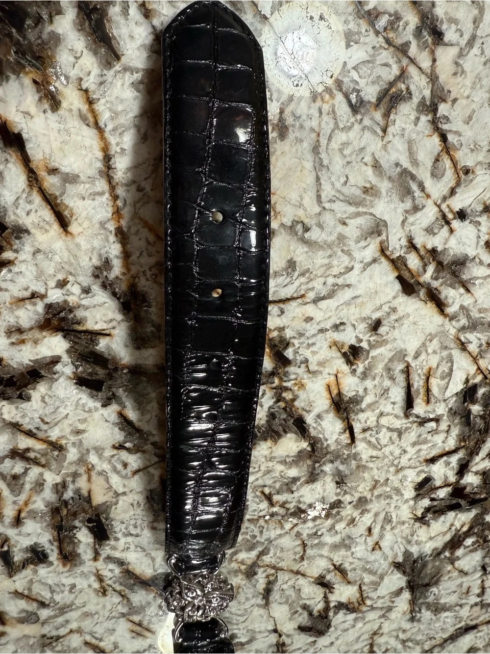 Brighton Black Croc-Embossed Women’s Belt with Ornate Silver Buckle